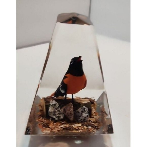 Acrylic Paperweight With Orange and Black Bird On A Branch Inside 4.25" by 5" - Picture 3 of 8